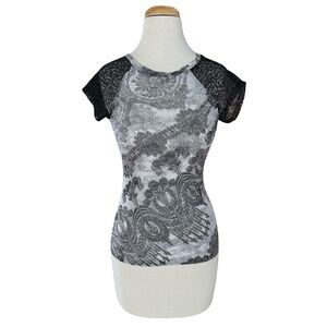 AWAKE COUTURE Women’s Cotton Blend Blouse Sz S Cap Sleeve Lace Sequins